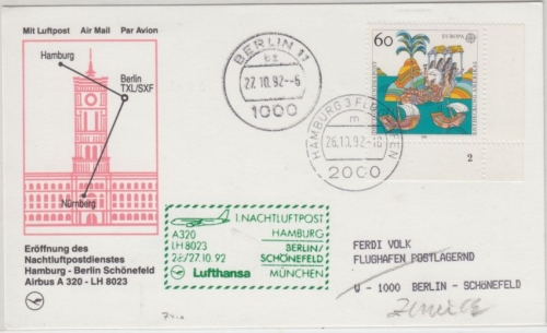 BRD - 60 Pfg 500 J. Entdeckung Amerika Bogenecke Formnummer LH-Erstflug 26.10.92
