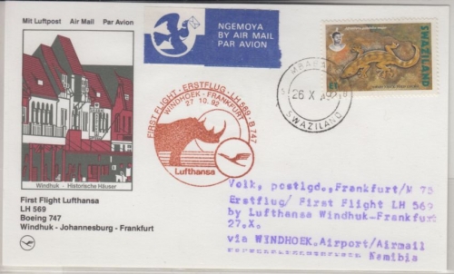 Swaziland - LH Erstflug Windhoek - Frankfurt/M. Zuleitungspost 1992 - selten !