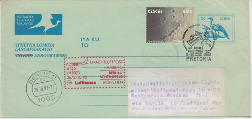 Ciskei - Aerogramme Zuleitung LH-Erstflug Nachluftpost Berlin München 1992