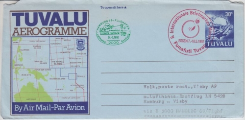 Tuvalu - 30 C. Aerogramme Zuleitung LH Erstflug Hamburg - Visby 1992