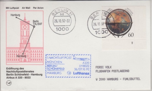 BRD - 60 Pfg. 500 J. Erdglobus Bogenecke Formnummer LH-Erstflug 26.10.1992