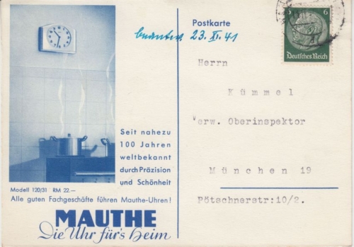 DR - Mauthe Uhren Werbekarte Ludenhausen - München 1941