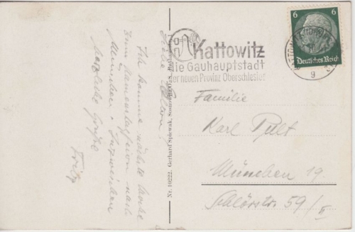 DR - Kattowitz 1941 Masch.werbestempel Gauhauptstadt Karte n. München