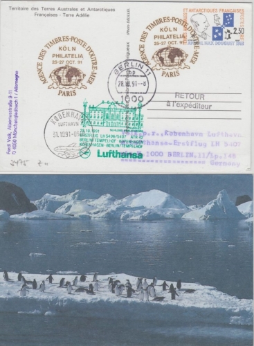 Francaise Antarctiques - 2,30 F. Ganzsache LH-Erstflug Berlin Kopenhagen 1991
