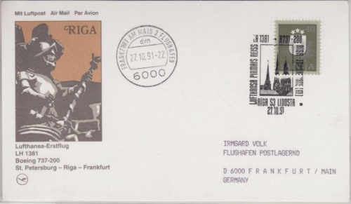 Lettland - Lufthansa Erstflug Riga - Frankfurt a/M. Sonderkarte 1991
