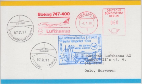 Berlin - 60 Pfg. Lufthansa AFS Erstflug Berlin Tempelhof - Oslo 1991