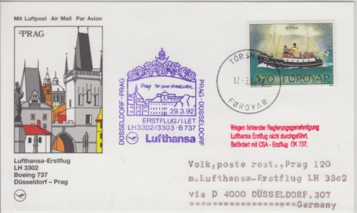 Färöer - Lufthansa Erstflug Zuleitungspost Düsseldorf - Prag 1992 Hinweisstempel