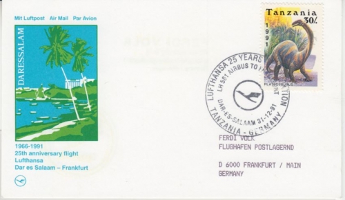 Tanzania - 30 Sh. Dinosaurier Lufthansa Erstflug Dar-es-Salam - Frankfurt/M 1991