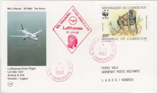 Cameroun - 100 F. Pavian Lufthansa Erstflug Douala - Lagos 1992