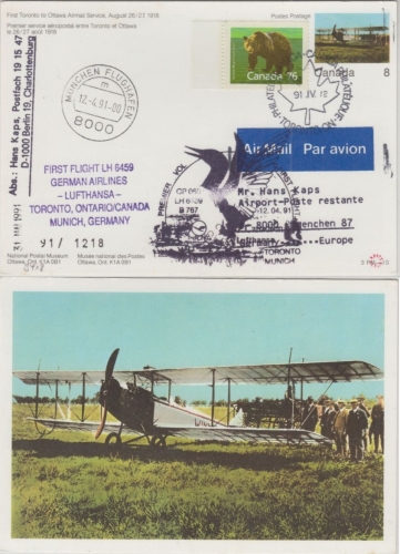 Canada - 8 C. Bildganzsache + Zusatz Lufthansa Erstflug Toronto - München 1991