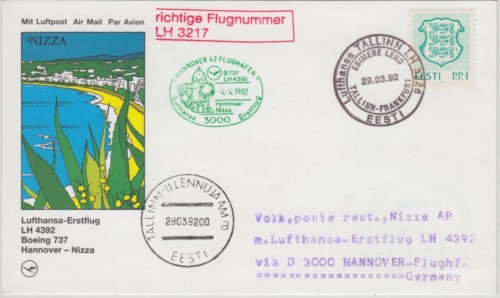 Estland - Lufthansa Erstflug Tallinn - FFM Zuleitungspost Hannover - Nizza 1992