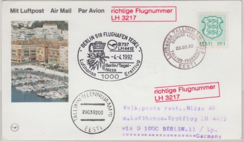Estland - Lufthansa Erstflug Tallinn - FFM Zuleitungspost Berlin - Nizza 1992