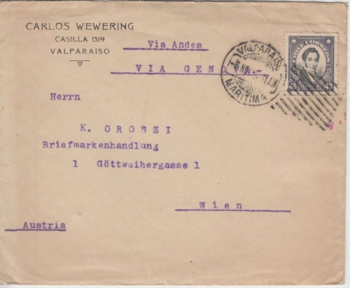 Chile - 40 C. Rengifo Brief n. ÖSTERREICH Valparaiso - Wine 1922 "Via Andes"
