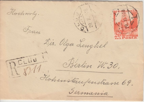 Rumänien - 20 L. König Karl II. Einschreibebrief Cluj - Berlin 1938