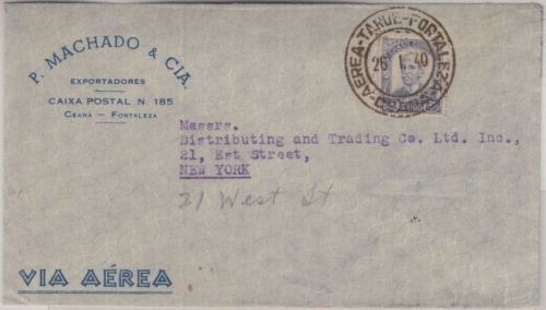 Brasilien - 5.000 R. Barbosa Luftpostbrief n. USA Fortaleza - New York 1940