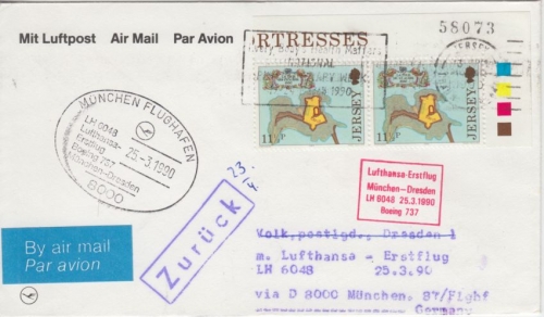 Jersey - Lufthansa Erstflug München - Dresden 1990 Zuleitungspost !!