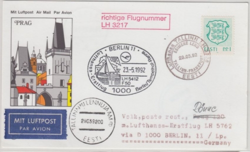 Estland - Lufthansa Erstflug Tallinn - FFM Zuleitungspost Berlin - Ronne 1992