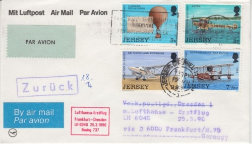 Jersey - Geschichte d Luftfahrt Satz 1973 LH-Erstflug Zuleitung FFM Dresden 1990
