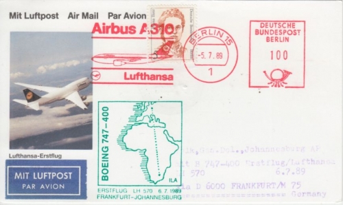 Berlin - 5 Pfg. Frauen/100 Pfg. A310 AFS LH-Erstflug FFM - Johannesburg 1989