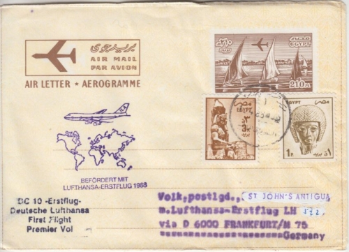 Ägpyten - 210 M. Aerogramme LH-Erstflug Zuleitung FFM - St. Johns Antigua 1988