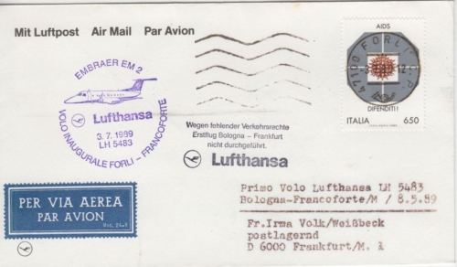 Italien - 650 L. Kampf gg. Aids Lufthansa Erstflug Bologna - Frankfurt a/M 1989