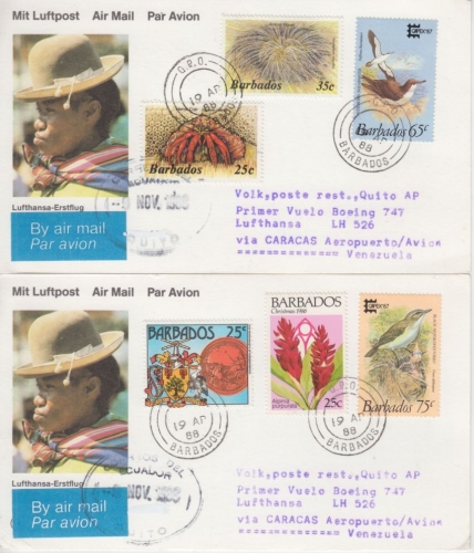 Barbados - 2 Luftpostkarten Zuleitung LH-Erstflug Caracas - Quito 1988