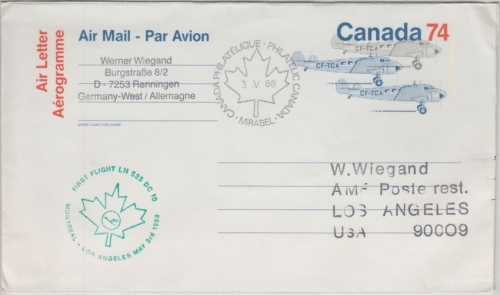 Canada - 74 C. Aerogramme LH Erstflug Montreal/AMF Los Angeles 1988