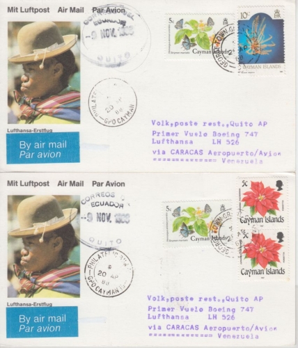 Cayman Islands - 2 Luftpostkarten Zuleitung LH-Erstflug Caracas - Quito 1988