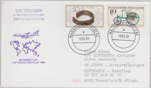 BRD - Marineschiffspost 62 S65 Sperber LH-Erstflug Zuleitung FFM St. Johns 1988