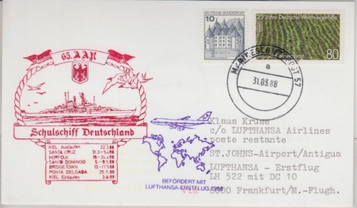 BRD Marineschiffspost 57 Schulschiff Deutschland LH-Erstflug Zuleitung FFM