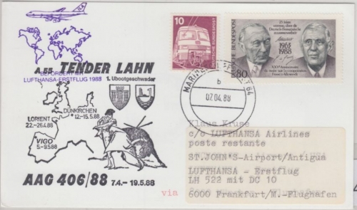 BRD - Marineschiffspost 64 Tender Lahn LH-Erstflug Zuleitung FFM St. Johns 1988