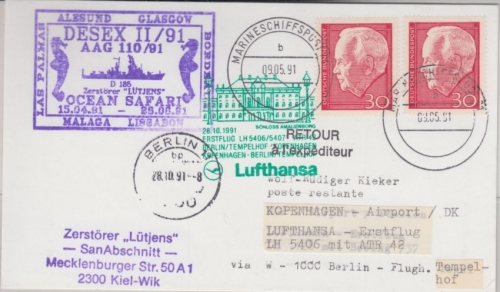 BRD - Marineschiffspost 61 Zerstörer Lütjens LH-Erstflug Zuleitung Berlin 1991