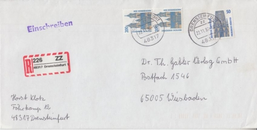 BRD - 2x200+50 Pfg. SWK Einschreibebrief Drensteinfurt Wiesbaden 1996 R-Zettel !