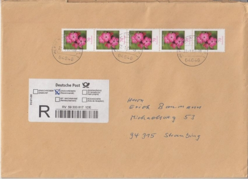 BRD - 70 C. Blumen 5er-Streifen Einschreibebrief Heppenheim - Straubing 2007
