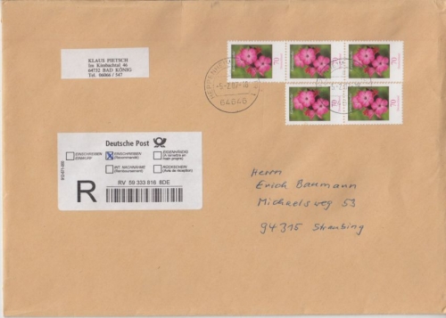 BRD - 5x70 C. Blumen Einschreibebrief Heppenheim - Straubing 2007