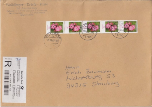 BRD - 70 C. Blumen 5er-Streifen Einschreibebrief Ostfildern - Straubing 2007