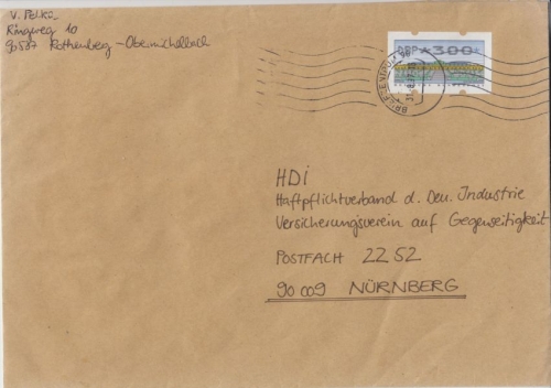BRD - 300 Pfg. ATM Brief Briefzentrum 90 Rothenberg - Nürnberg 1997