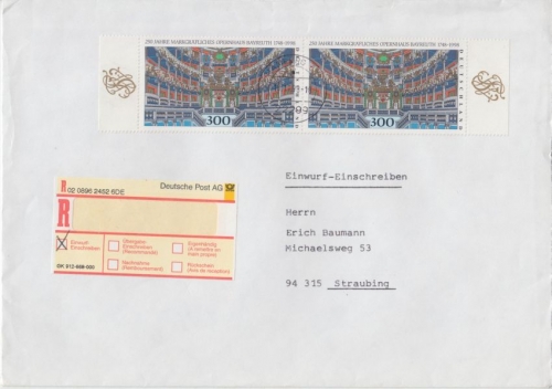 BRD - 2x300 Pfg. Opernhaus Bayreuth Einschreiben Einwurf Hamburg Straubing 1998