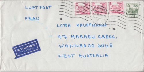 BRD - 200+3x50 Pfg B&S Luftpostbrief bis 25g n. AUSTRALIEN München Wanneroo 1980