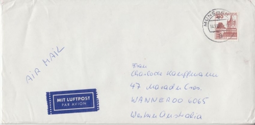 BRD - 210 Pfg B&S Luftpostbrief (15-20g) n. AUSTRALIEN München - Wanneroo 1980