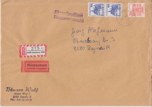 BRD - 300+2x90 Pfg. B&S Einschreibebrief Rückschein bis 50g Hamburg 1984 n.