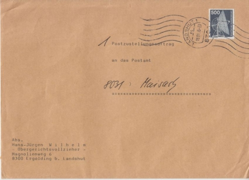BRD - 500 Pfg. I&T Zustellurkunde Landshut - Maisach 1985