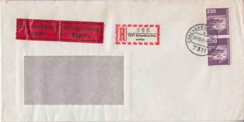 BRD - 2x230 Pfg. I&T Eilboten Einschreibebrief Erkenbrechtsweiler - Ulm 1981
