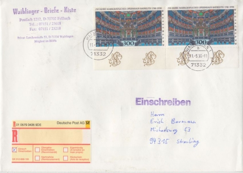 BRD 2x300 Pfg Opernhaus Bayreuth Einschreiben Einwurf Waiblingen Straubing 1998