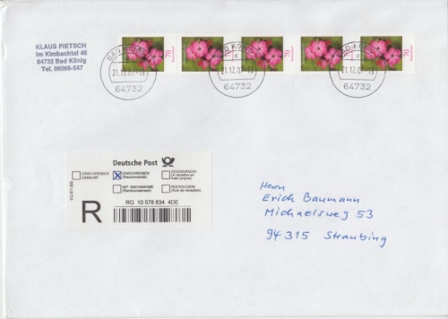 BRD - 5x70 Pfg. Kartäusernelke Einschreiben Übergabe Bad König - Straubing 2007