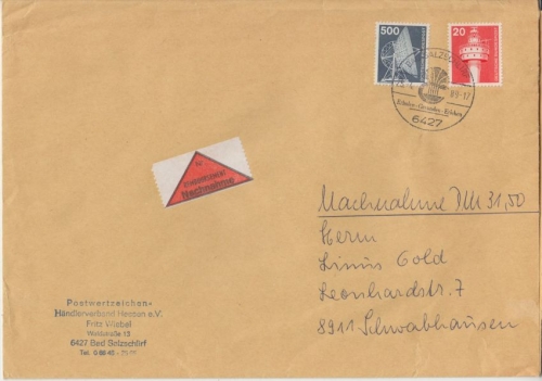 BRD - 500+20 Pfg. I&T Nachnahmebrief bis 250g Bad Salzschlirf Schwabhausen 1989