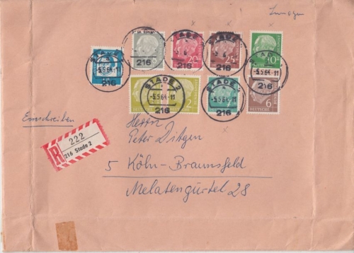 BRD - 25 Pfg. Heuss LUMOGEN u.a. Einschreibebrief Stade - Köln 1964