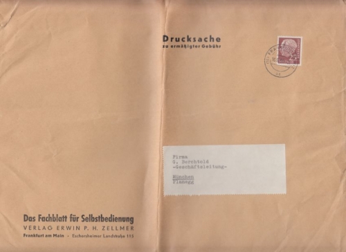 BRD - 25 Pfg. Heuss Drucksache z. erm. Gebühr bis 500g Frankfurt - München 1960
