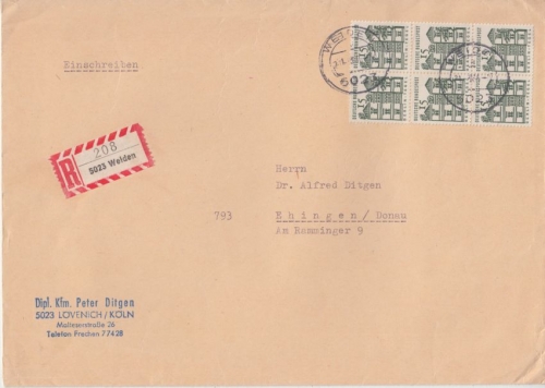 BRD - 15 Pfg. Bauwerke 6er-Block Einschreibebrief bis 250g Weiden - Ehingen 1966