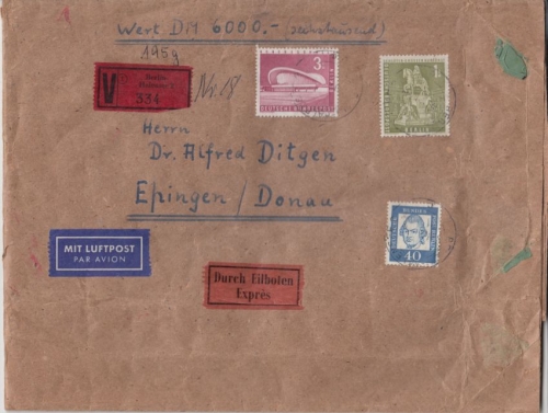 Berlin - 3 DM Stadtbilder u.a. Luftpost Wertbrief Eilboten Halensee Ehingen 1962